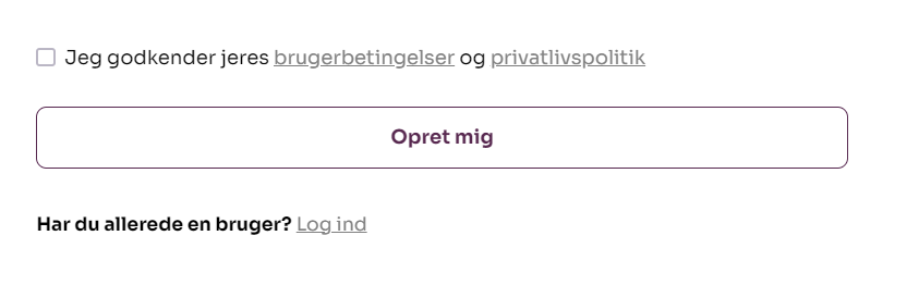 Skærmbillede fra Socialkompas der viser hvor man godkender brugerbetingelser og privatlivspolitik og tilmelder sig